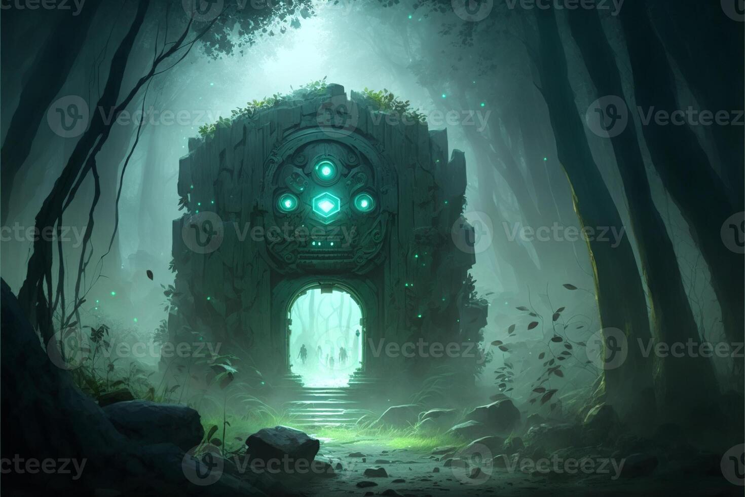 Mystical portal in the forest in the form of a golem's head, green mist. photo