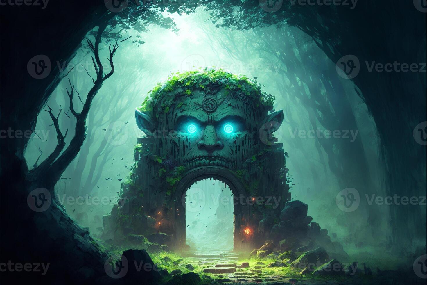 Mystical portal in the forest in the form of a golem's head, green mist. photo