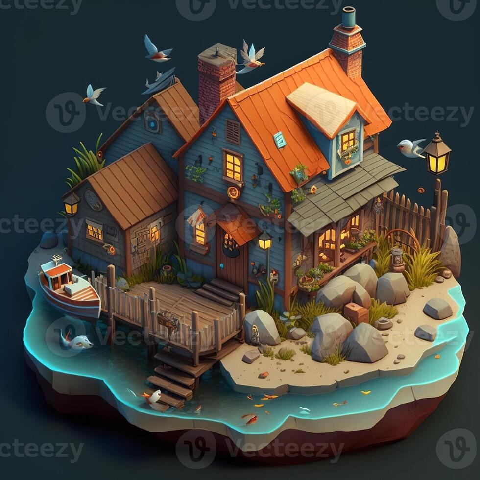 Fisherman's village 3d scenery. photo