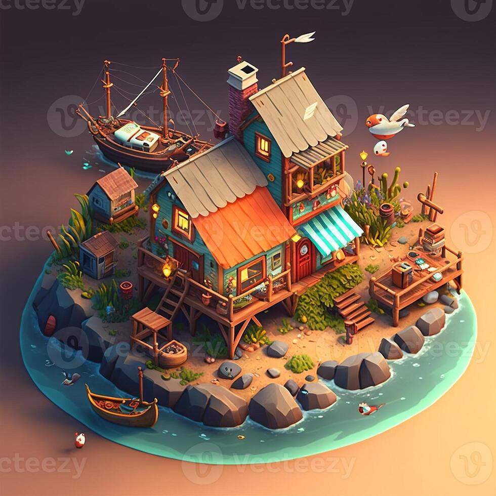 Fisherman's village 3d scenery. photo