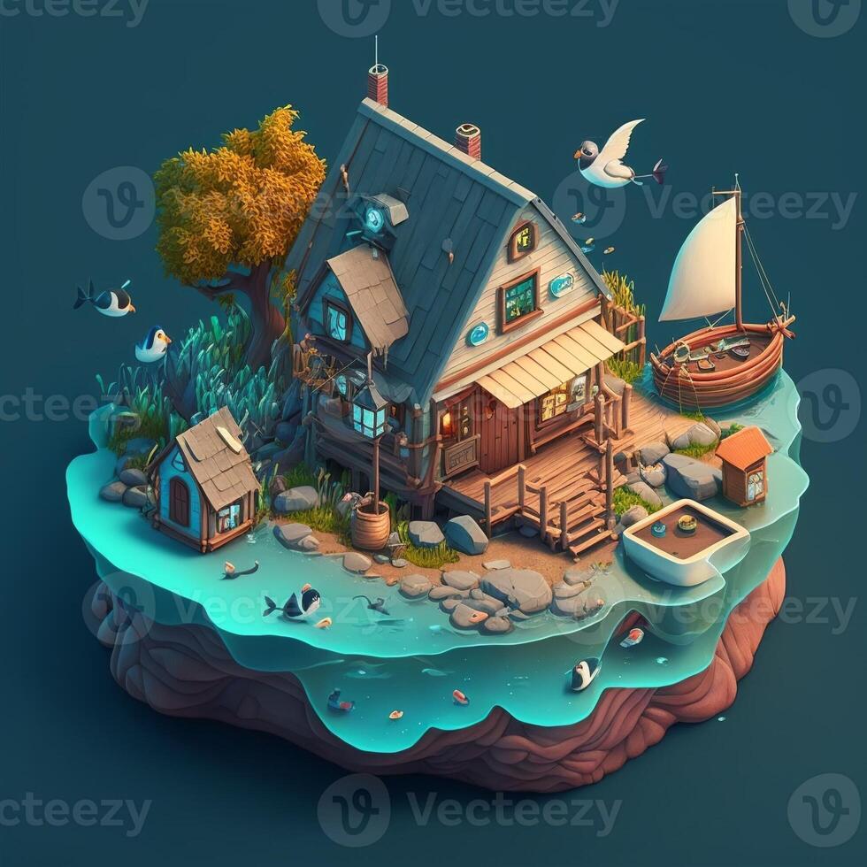 Fisherman's village 3d scenery. photo