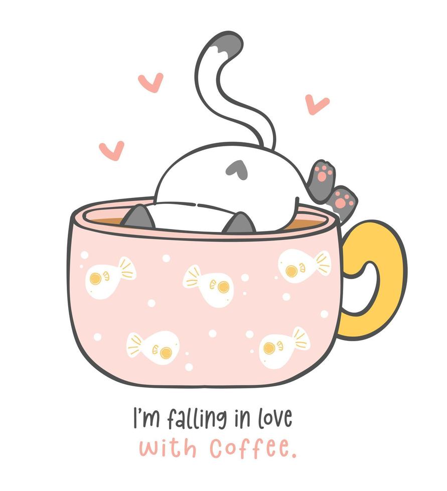 cute funny playful kitten cat in coffee cup, fall in love with coffee, cartoon animal doodle hand drawing vector