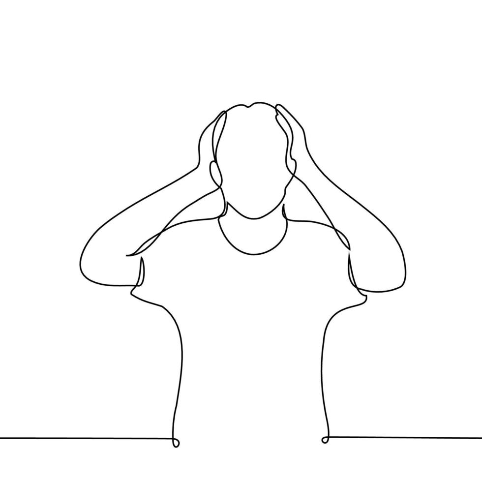 male silhouette of a man grabbing his head with both hands - one line drawing vector. concept panic, horror vector