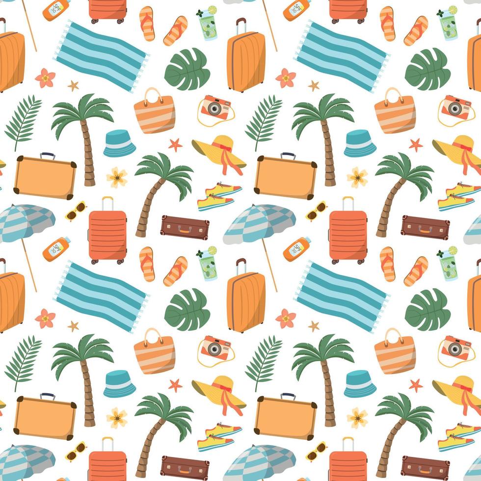 Beach vacation items seamless pattern. Luggage, tropic trees and other. Travel and tourism flat vector illustration. Isolated on white background.