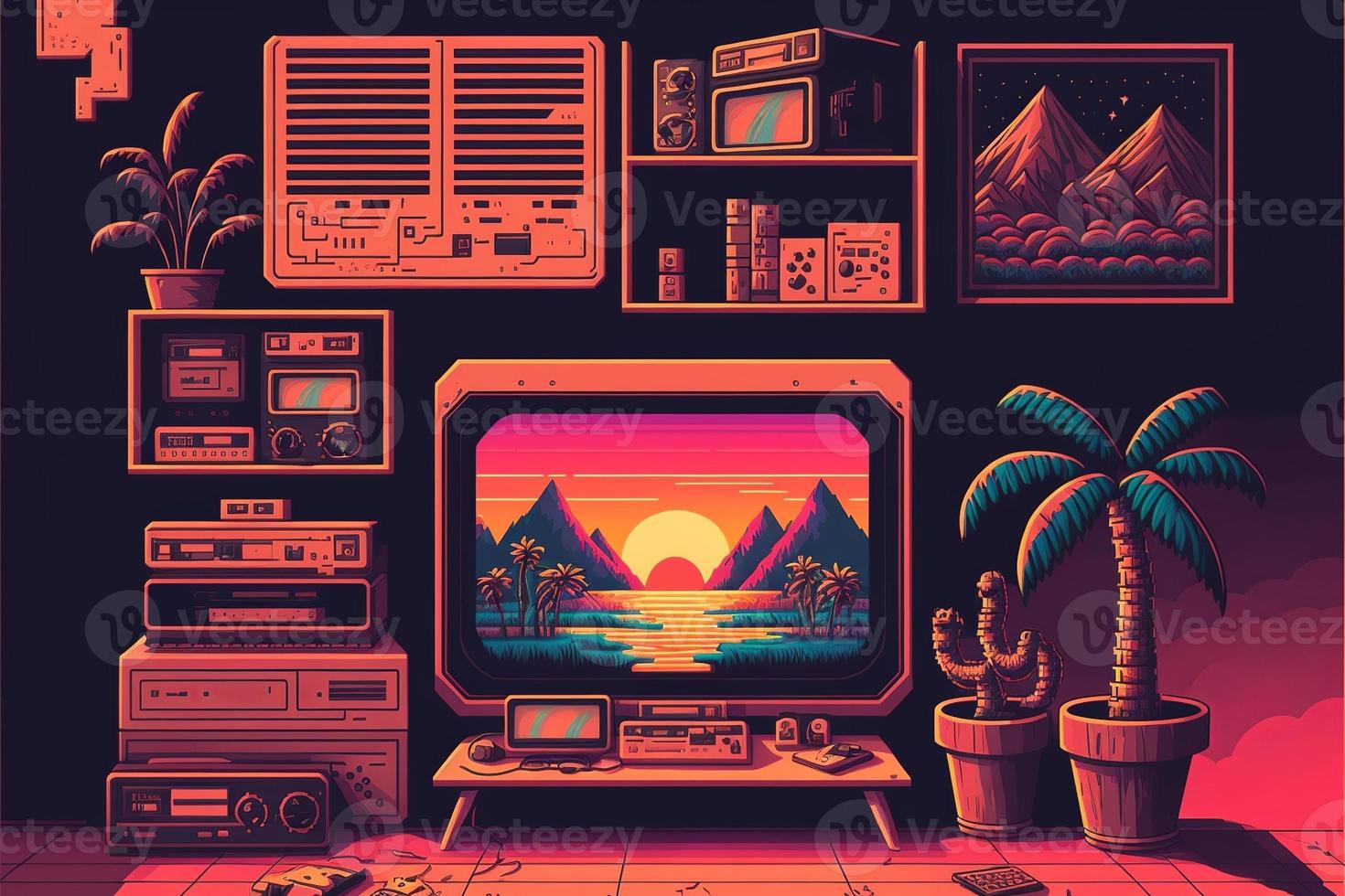 Old video game console with landscape in the background, 16 bit pixel art. Digital illustration. AI photo