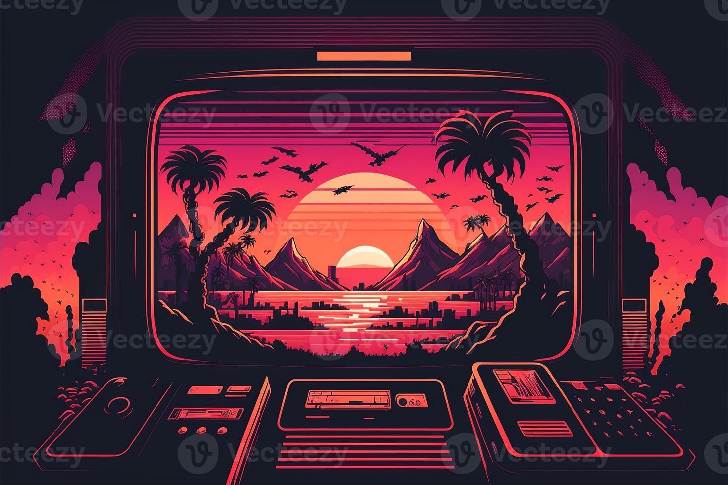 Old video game console with landscape in the background, 16 bit pixel art. Digital illustration. AI photo