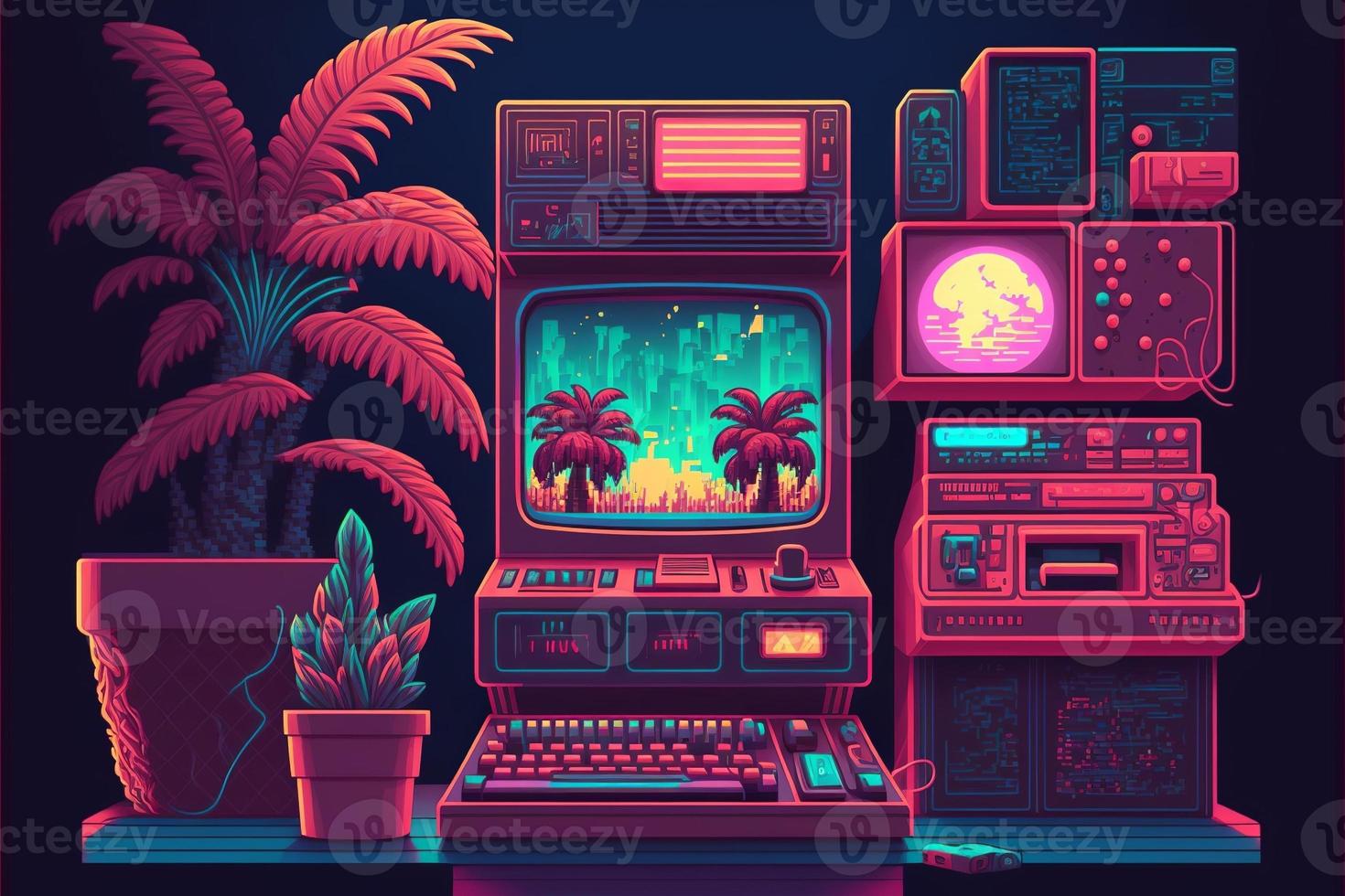 Old video game console with landscape in the background, 16 bit pixel art. Digital illustration. AI photo