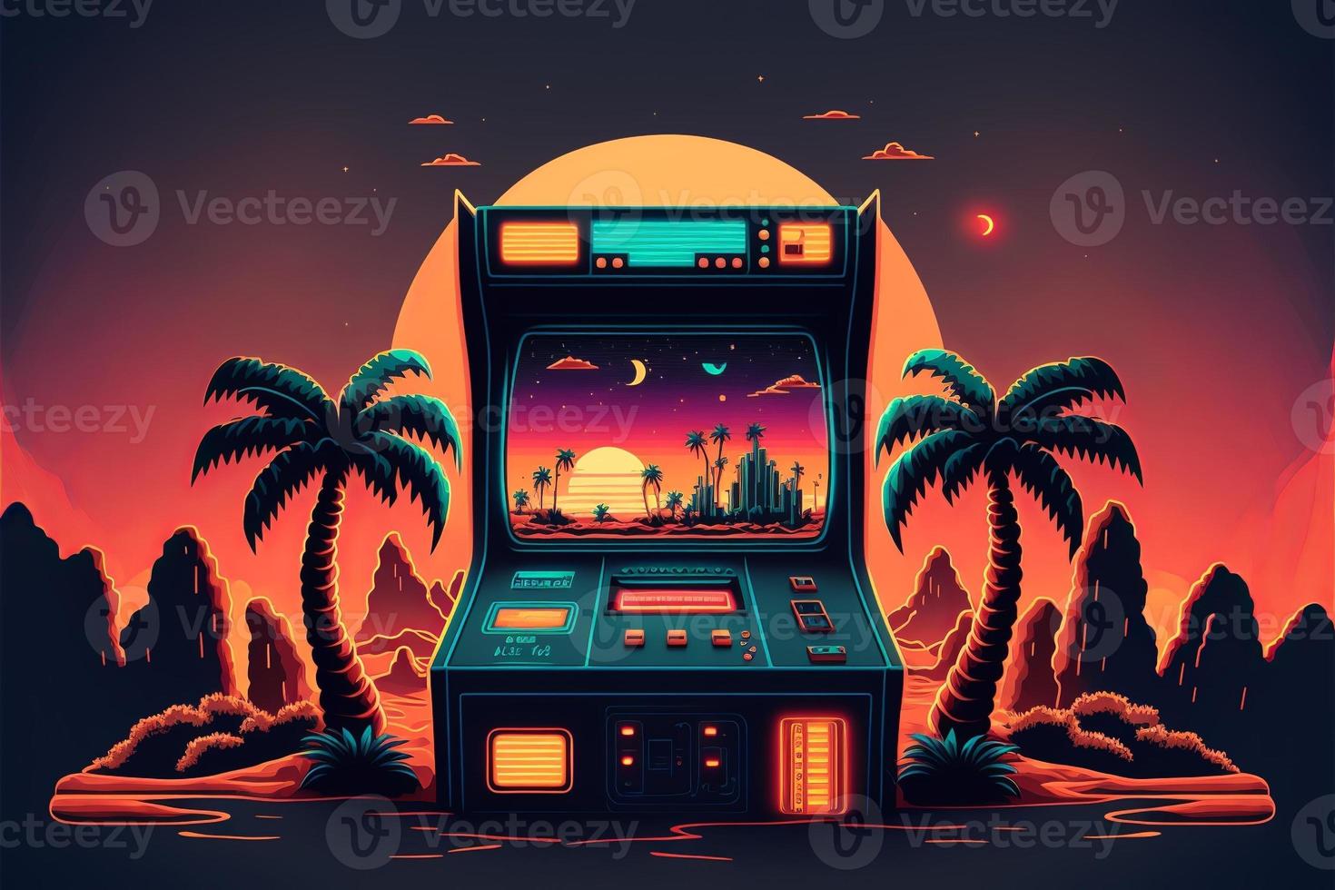 Old video game console with landscape in the background, 16 bit pixel art. Digital illustration. AI photo