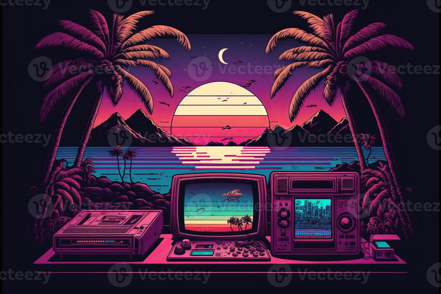 Old video game console with landscape in the background, 16 bit pixel art. Digital illustration. AI photo