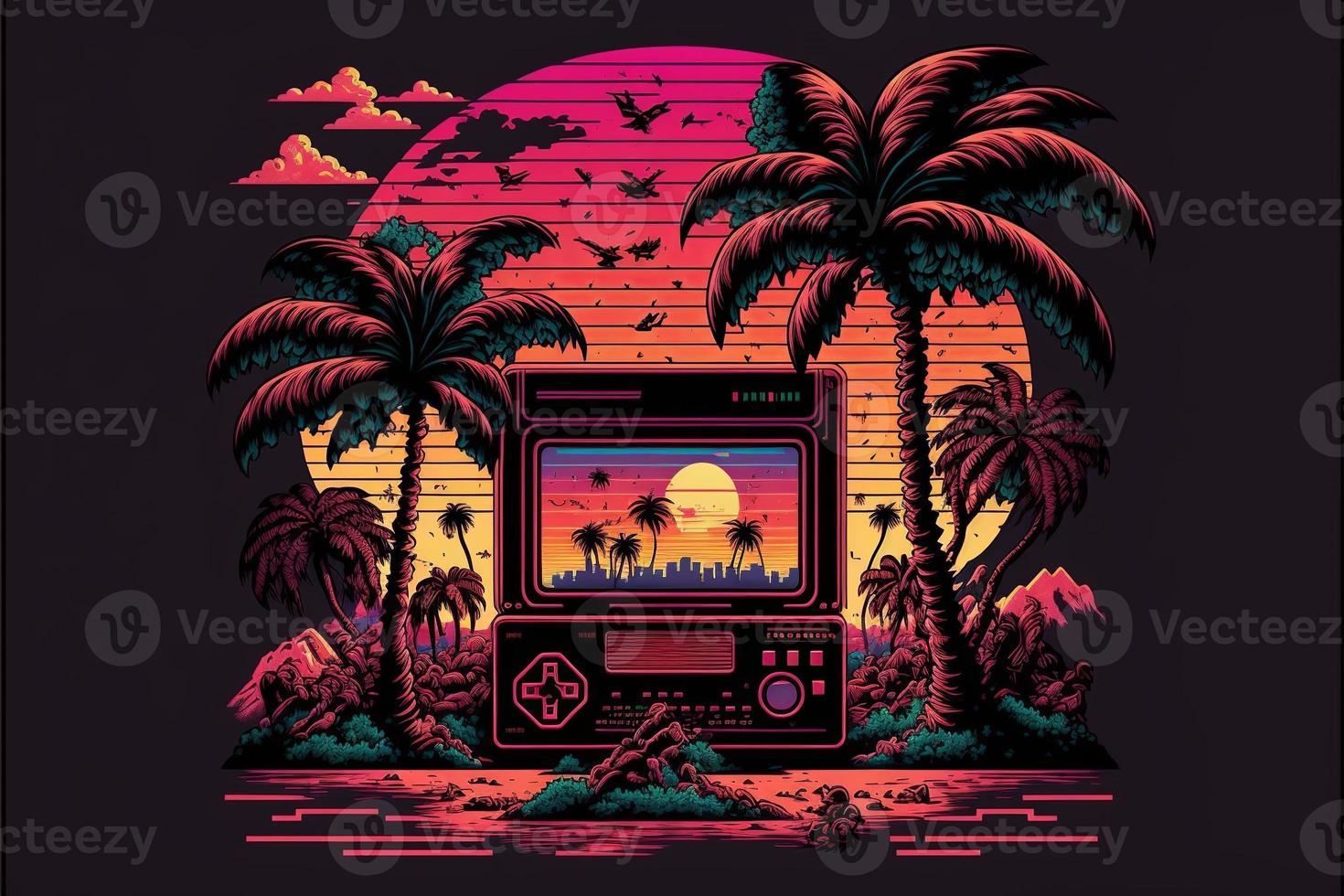 Old video game console with landscape in the background, 16 bit pixel art. Digital illustration. AI photo