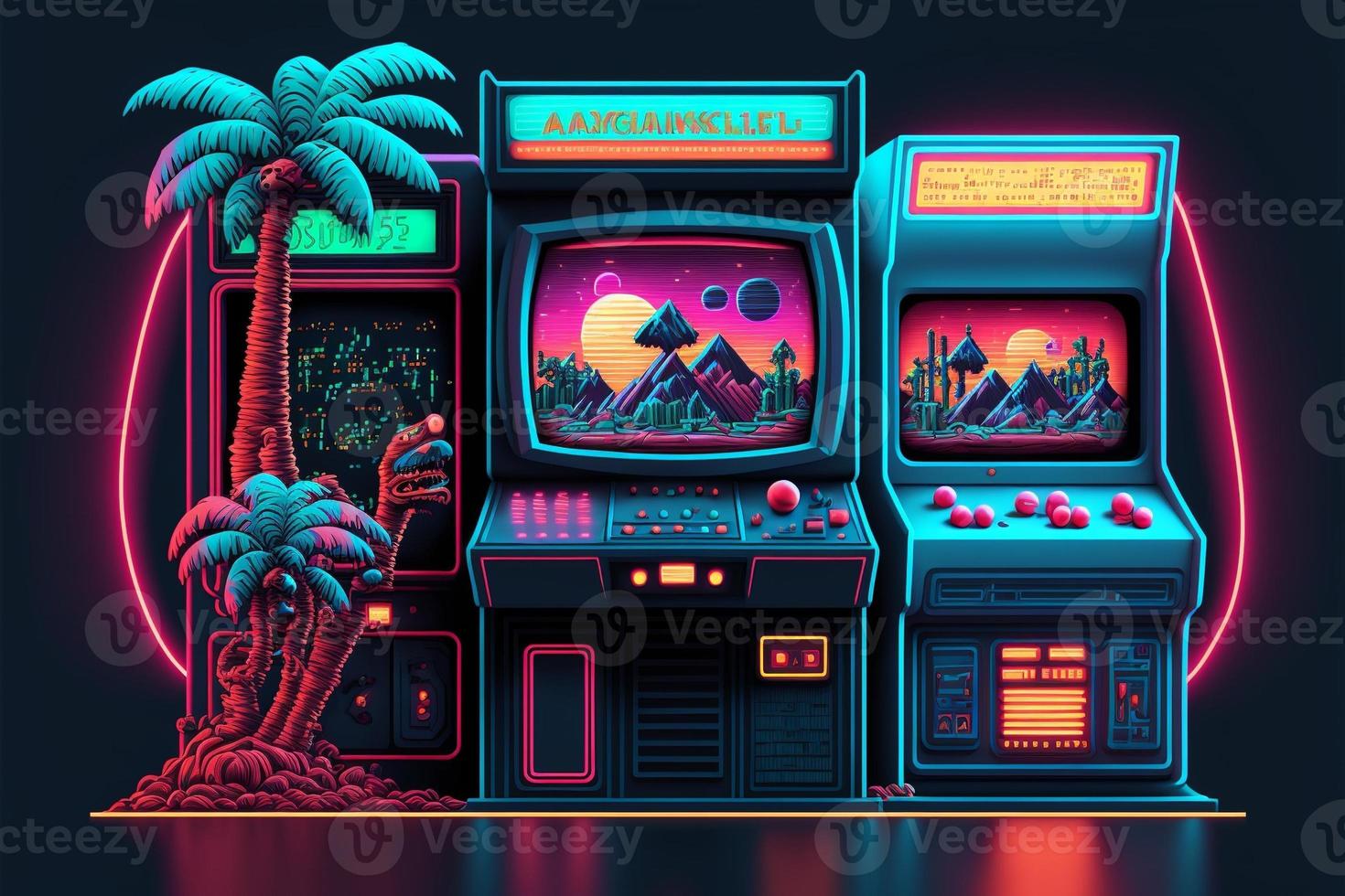 Old video game console with landscape in the background, 16 bit pixel art. Digital illustration. AI photo