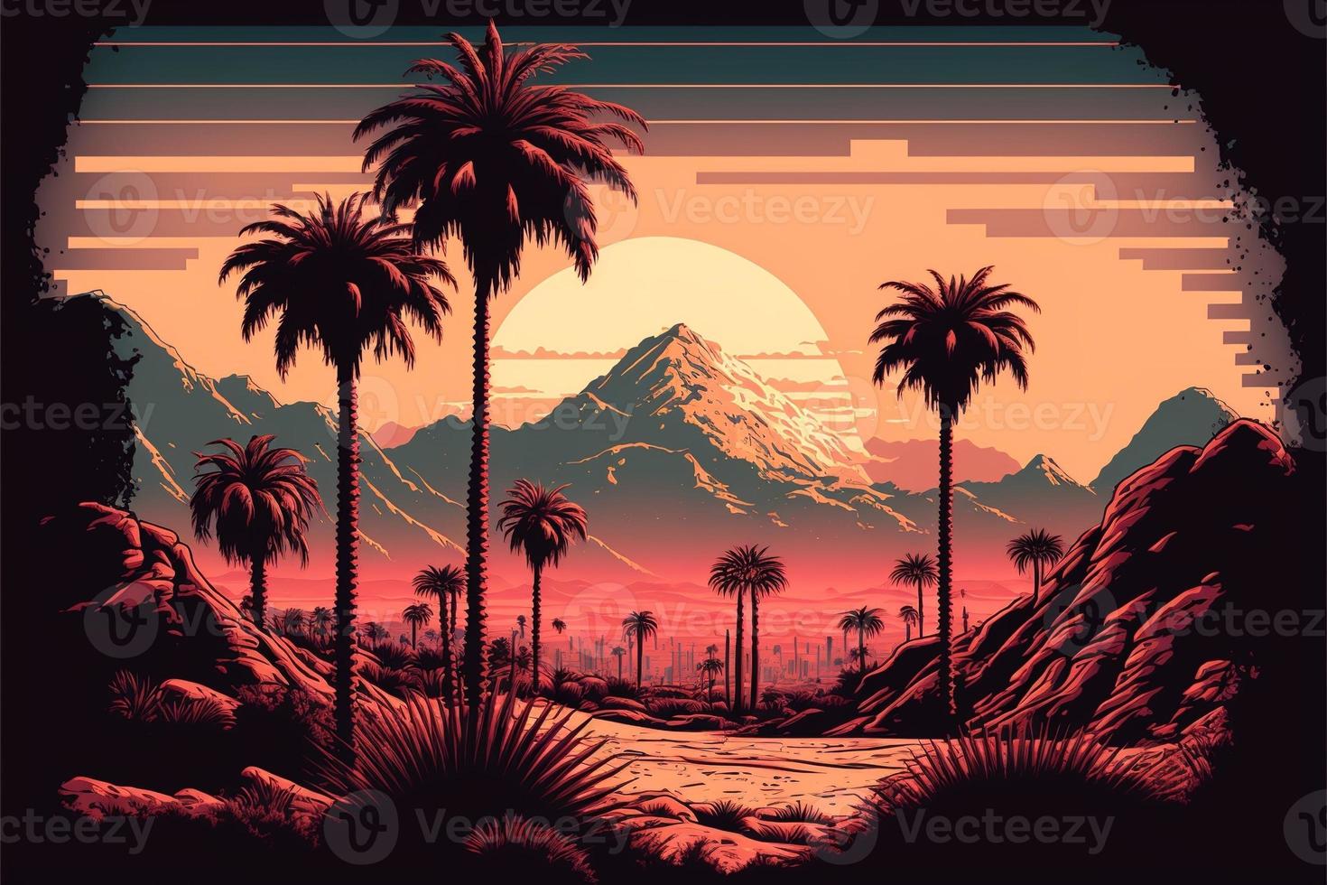 Desert sunset landscape with palm trees and mountains, retro style, 80s. Digital illustration. AI photo