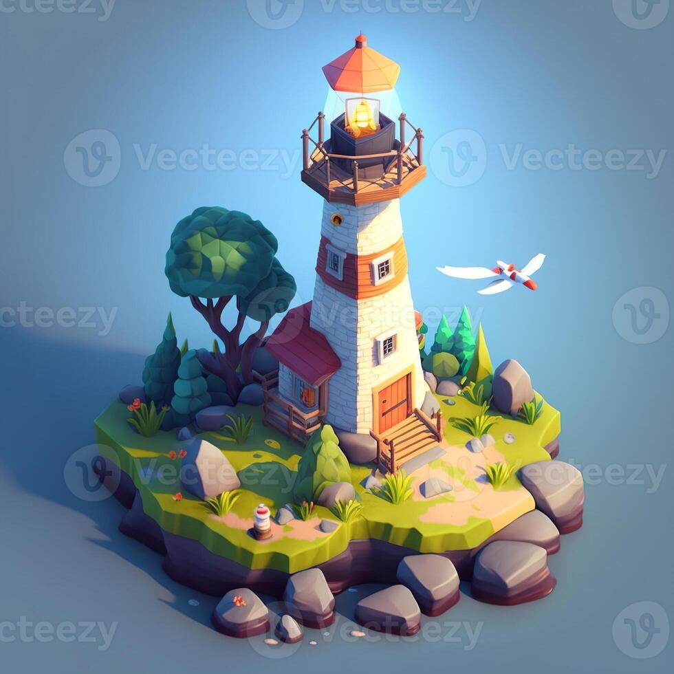 Island 3d landscape with lighthouse and flying birds. photo