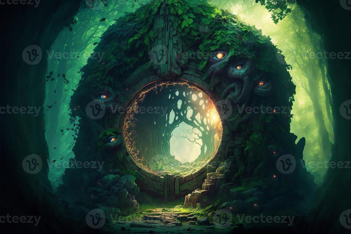 Mystical portal in the forest, green fog. photo