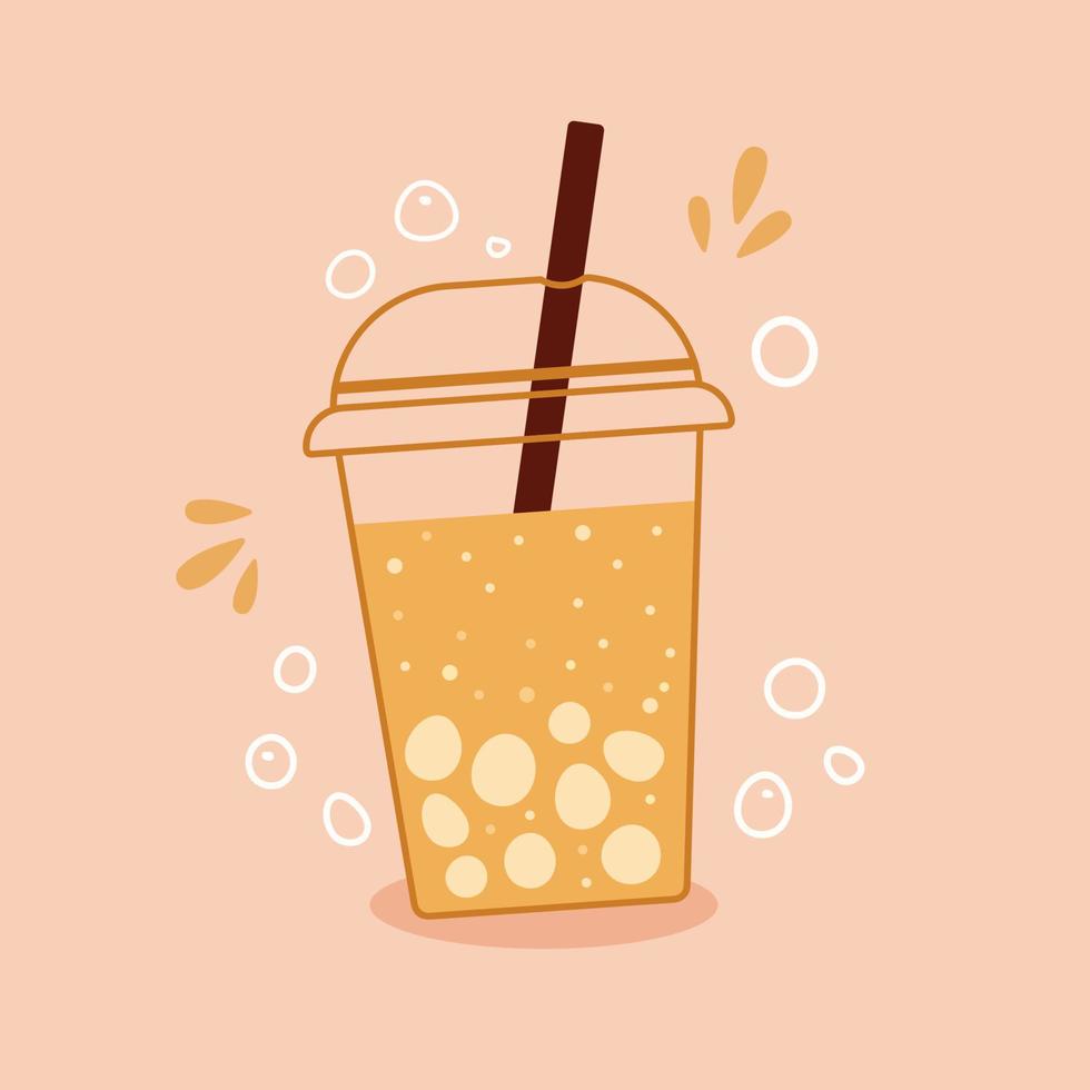 Bubble tea orange lemonade on cup with lid and straw vector