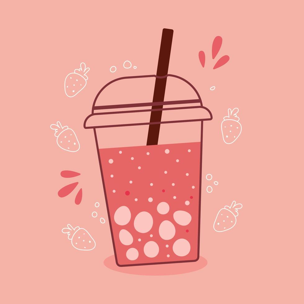 Bubble tea strawberry lemonade on cup with lid and straw. vector