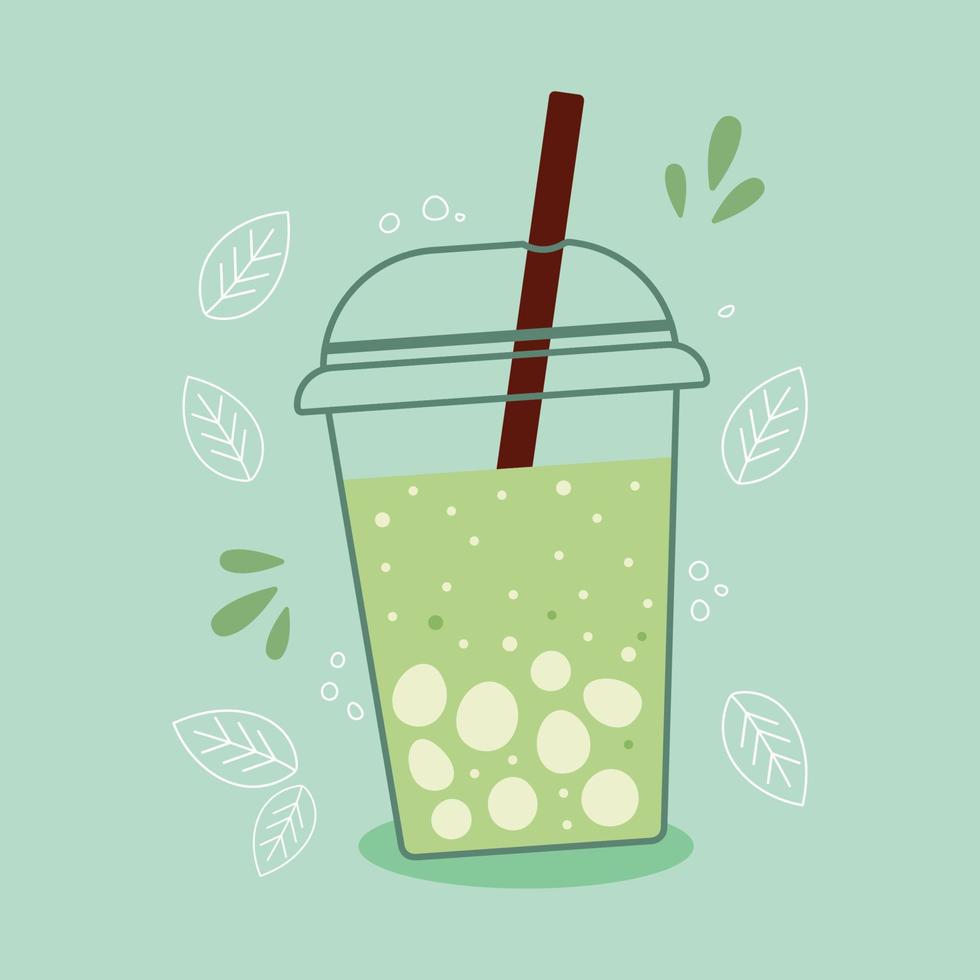 Bubble tea mint lemonade on cup with lid and straw. vector