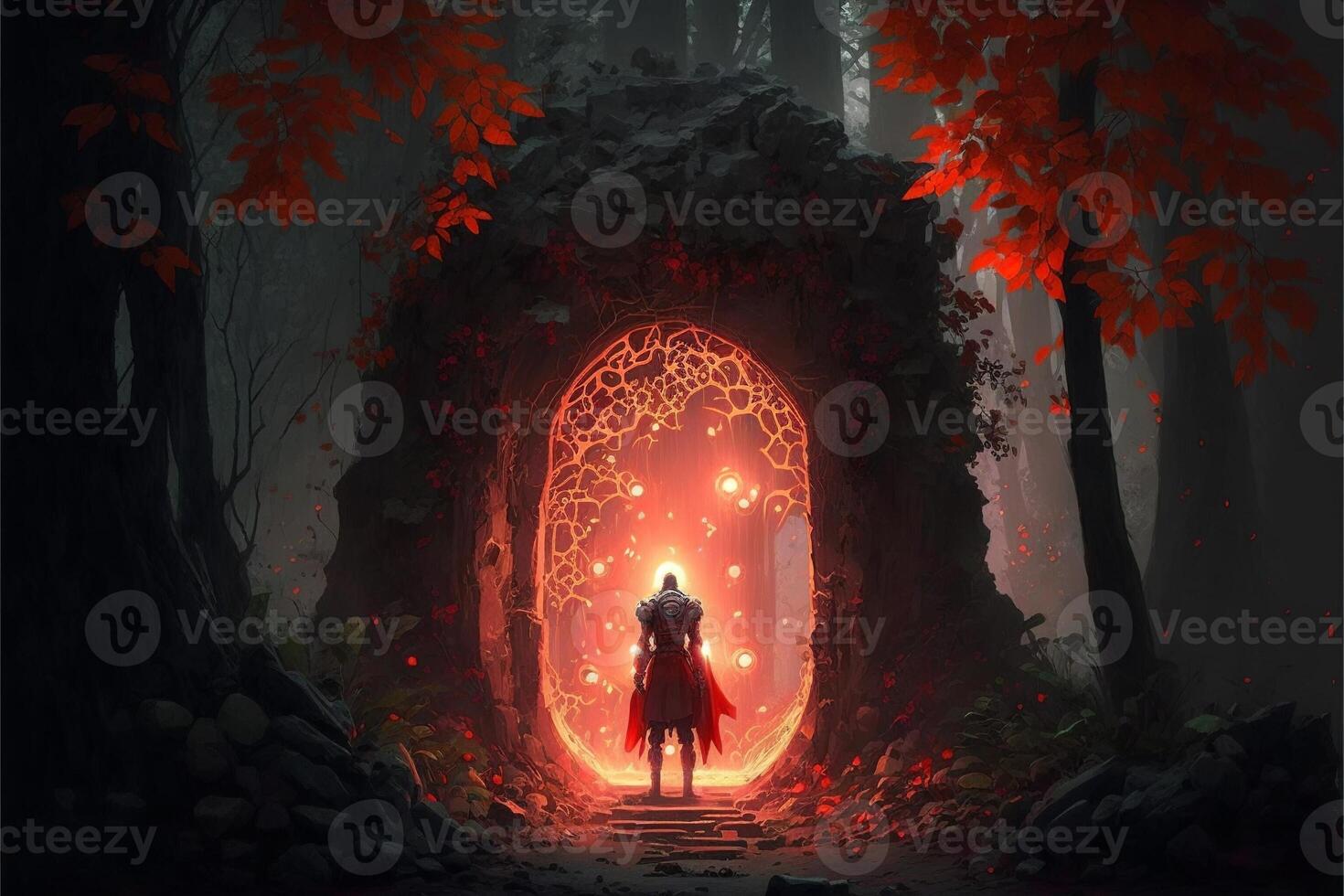 Mystical portal in the forest, red fog. photo