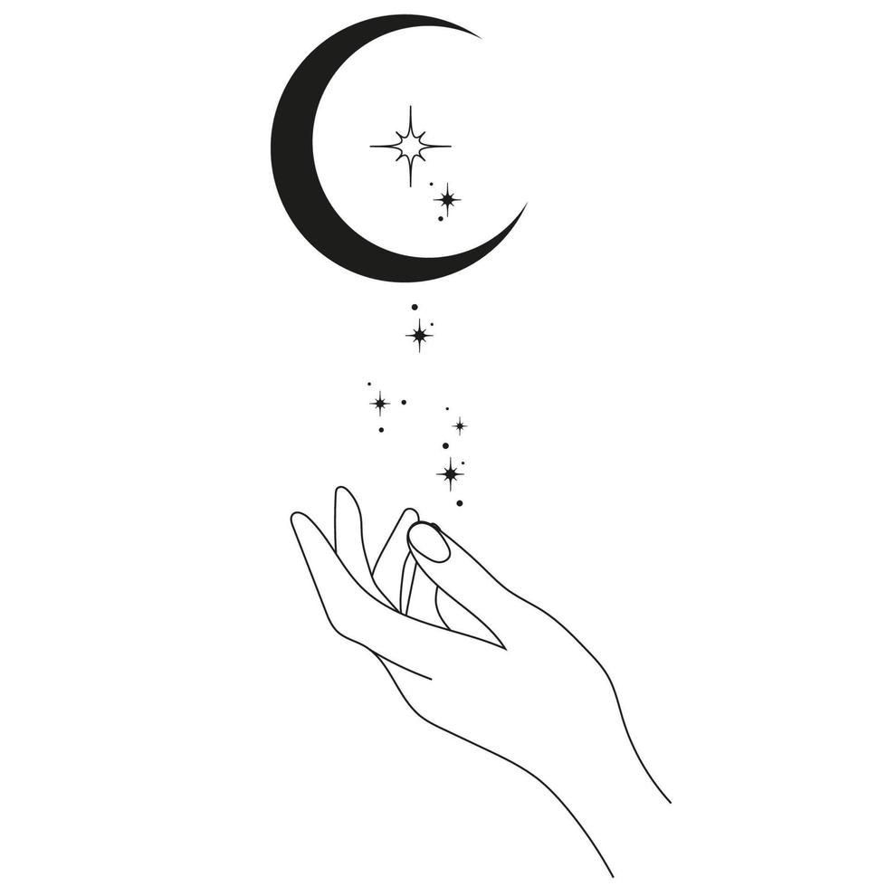 mano con Luna y estrellas. resumen símbolo para productos cosméticos y embalaje, joyas, logo, tatuaje. lineal estilo. esotérico vector