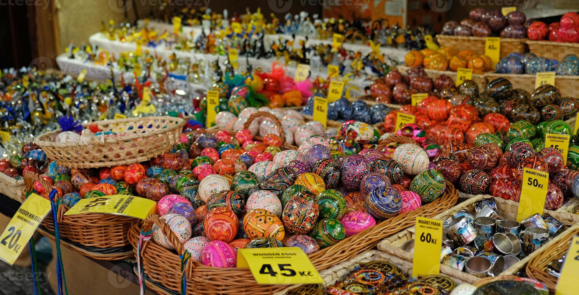 Beautiful colorful decor for Easter. Traditional Easter painted colorful eggs are sold at a market in Prague, Czech Republic. photo