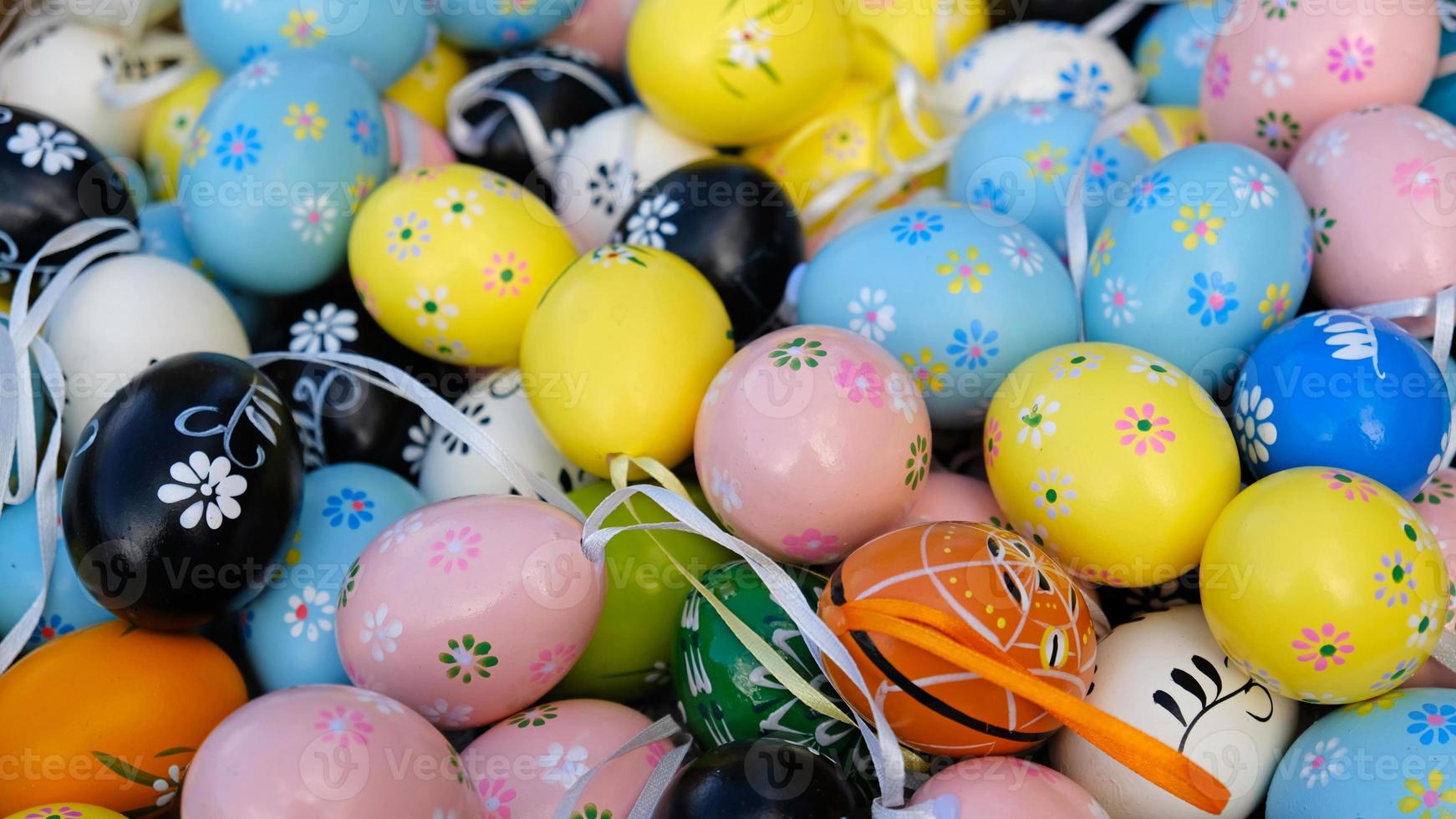 Beautiful colorful decor for Easter. Traditional Easter painted colorful eggs. Selective focus. photo