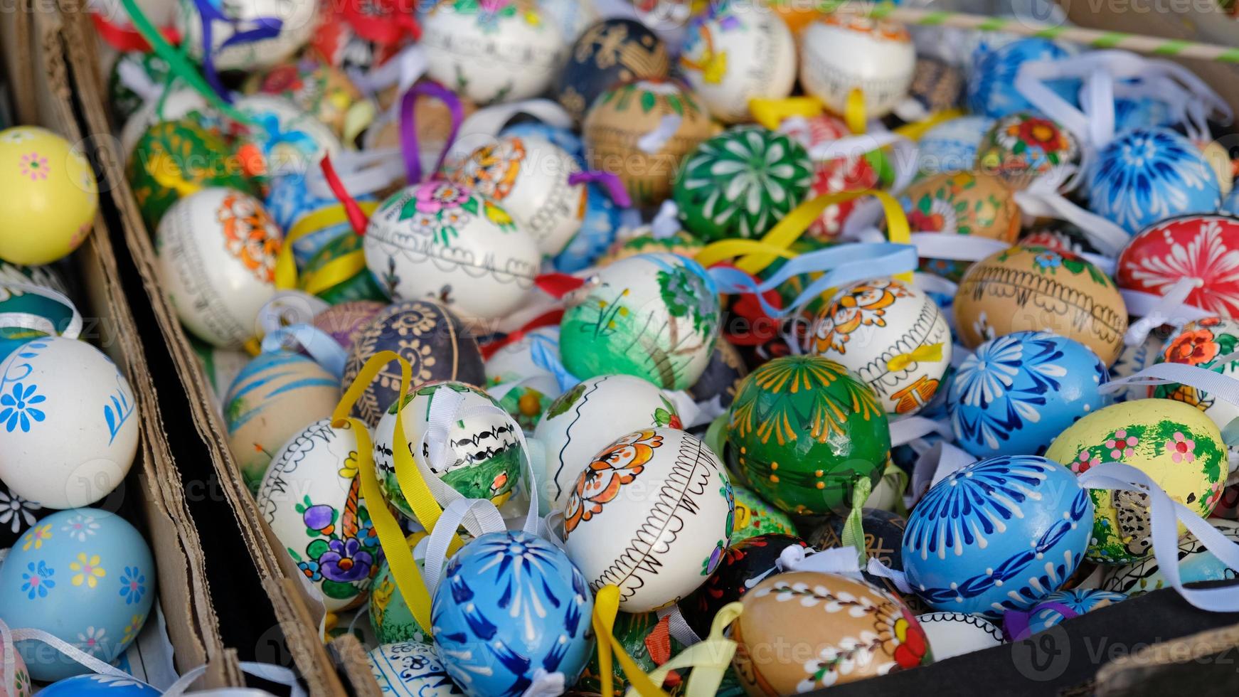 Beautiful colorful decor for Easter. Traditional Easter painted colorful eggs. Selective focus. photo