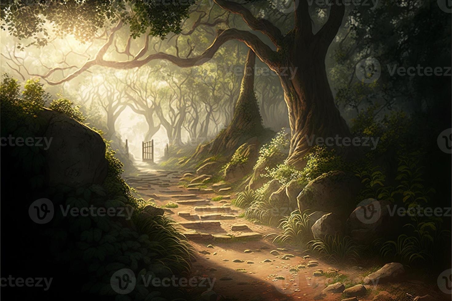 Dense forest with stone path, sun rays and fog. Digital illustration. AI photo