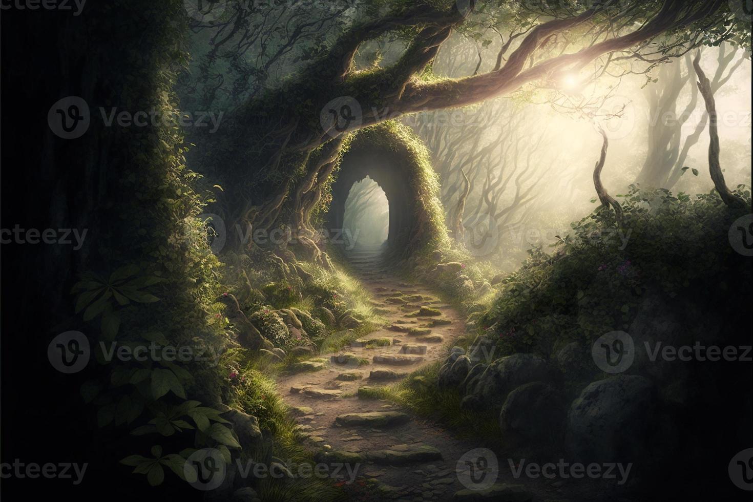 Dense forest with stone path, sun rays and fog. Digital illustration. AI photo