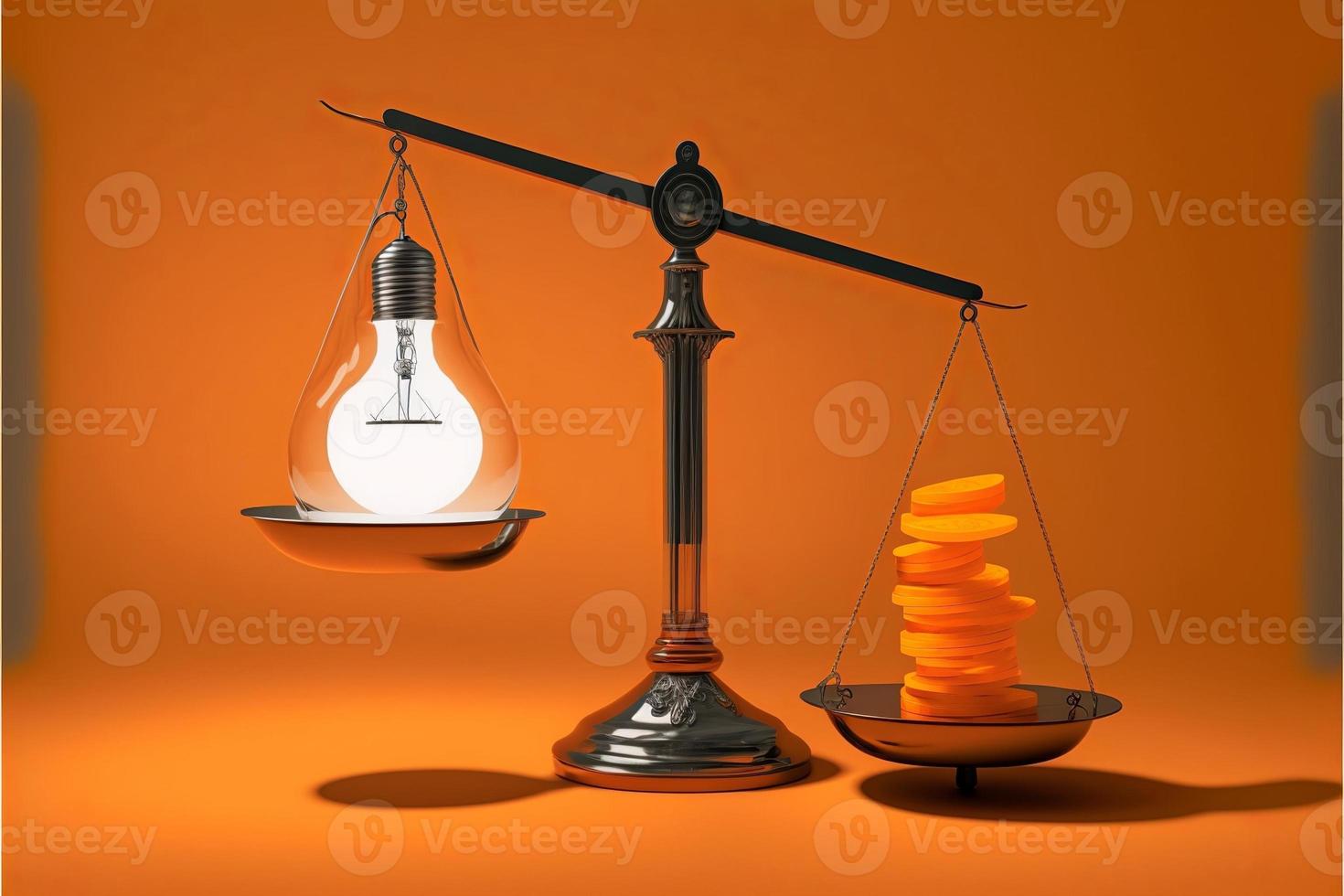 Scales with light bulb on one side and money on the other, concept of ideas and innovation, background. Digital illustration. AI photo