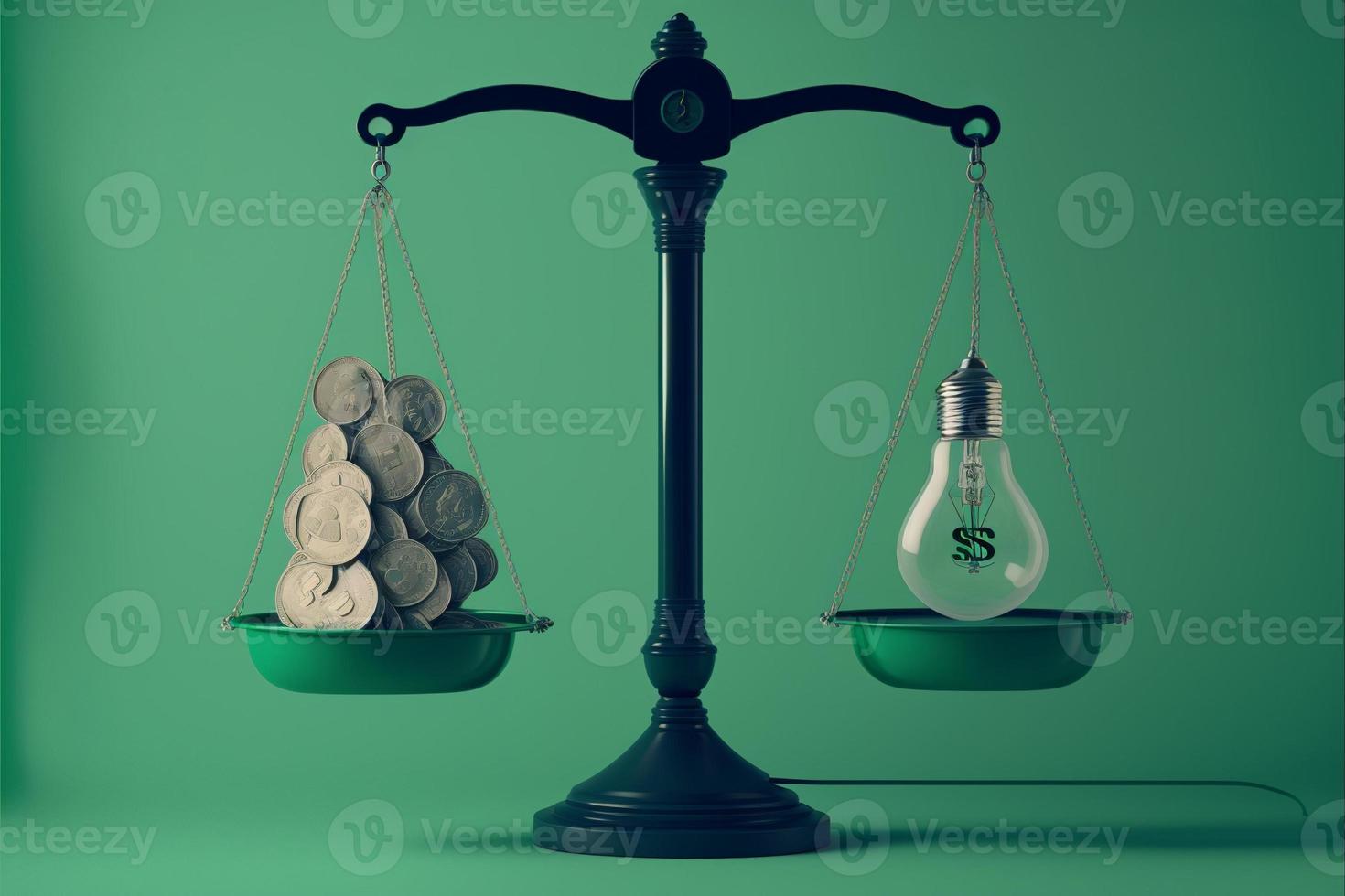 Scales with light bulb on one side and money on the other, concept of ideas and innovation, background. Digital illustration. AI photo