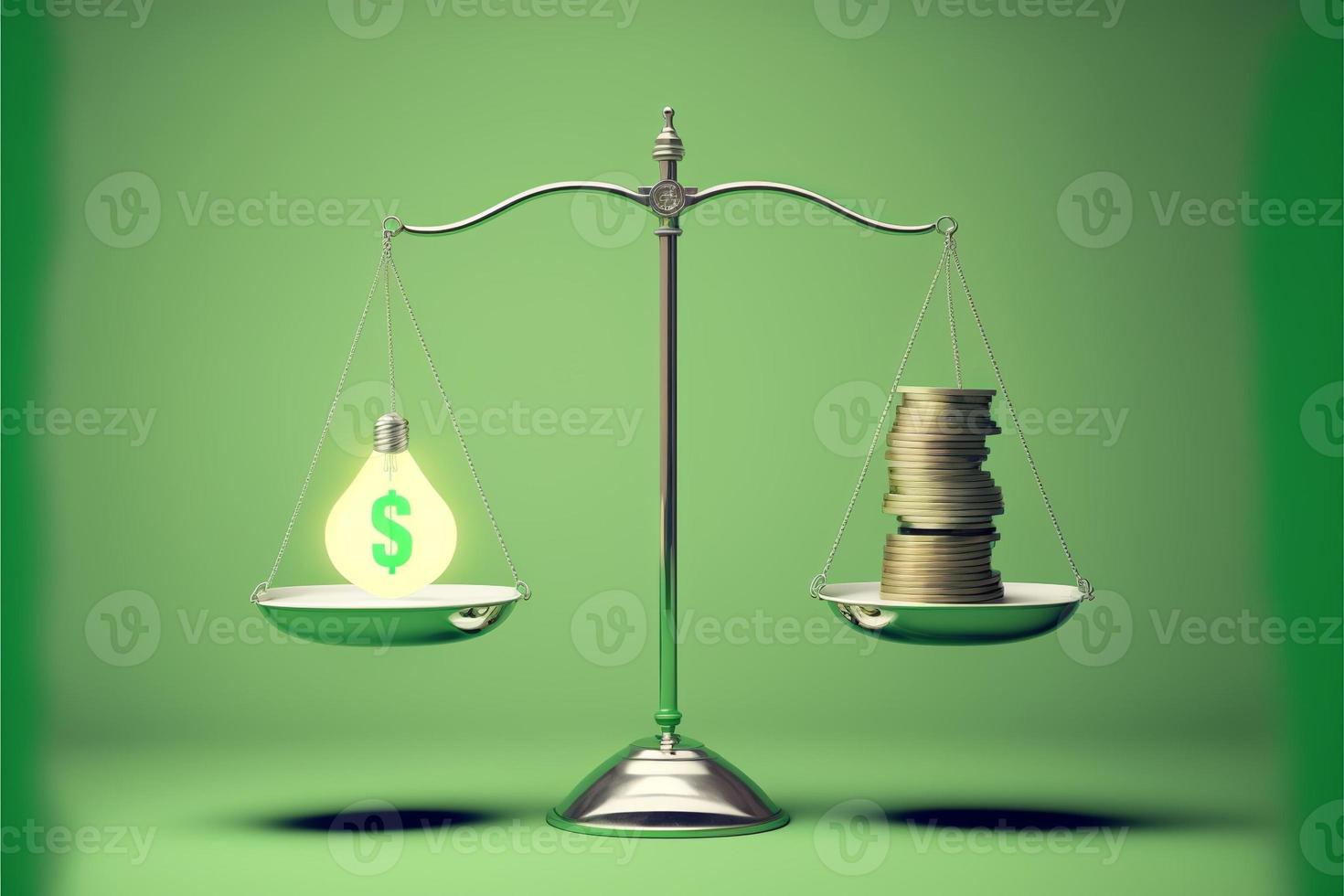 Scales with light bulb on one side and money on the other, concept of ideas and innovation, background. Digital illustration. AI photo