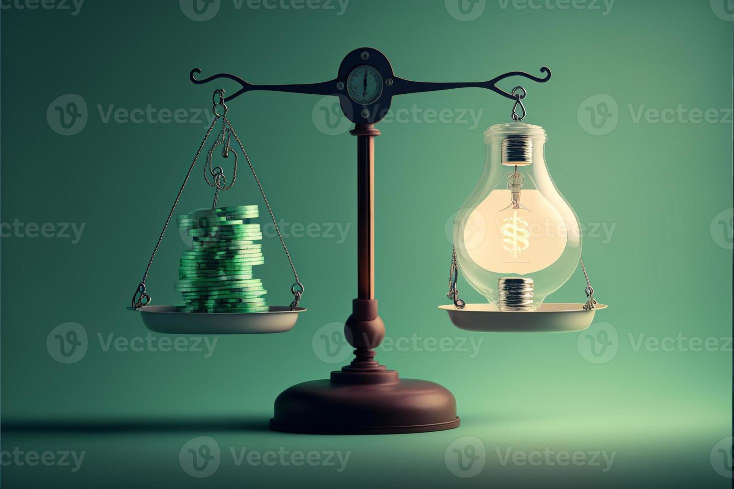 Scales with light bulb on one side and money on the other, concept of ideas and innovation, background. Digital illustration. AI photo