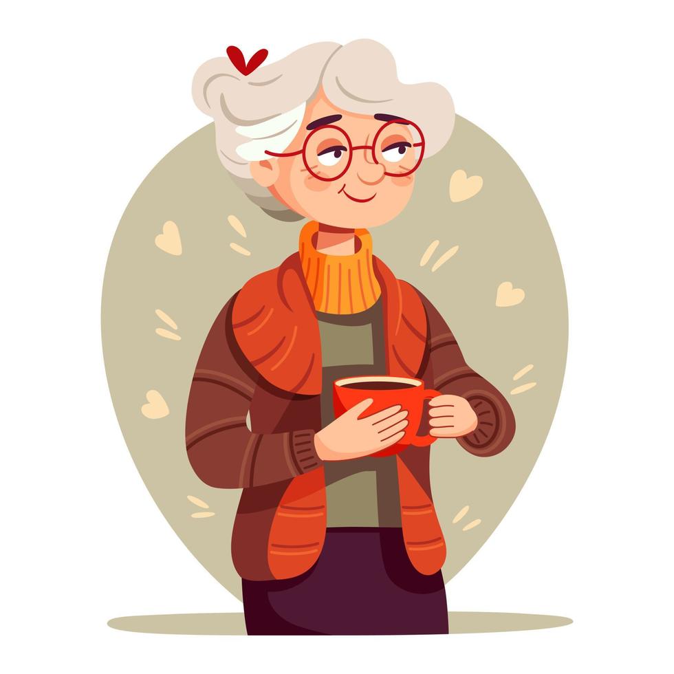 Cute elderly woman holding a cup of tea or coffee vector