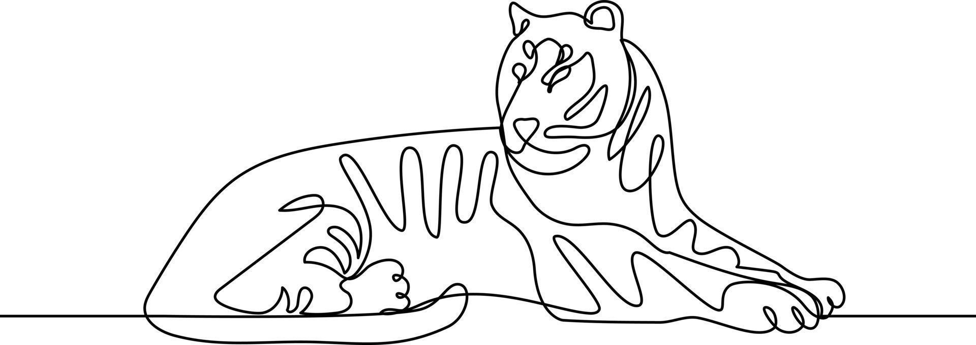 Continuous one line drawing of lying tiger vector