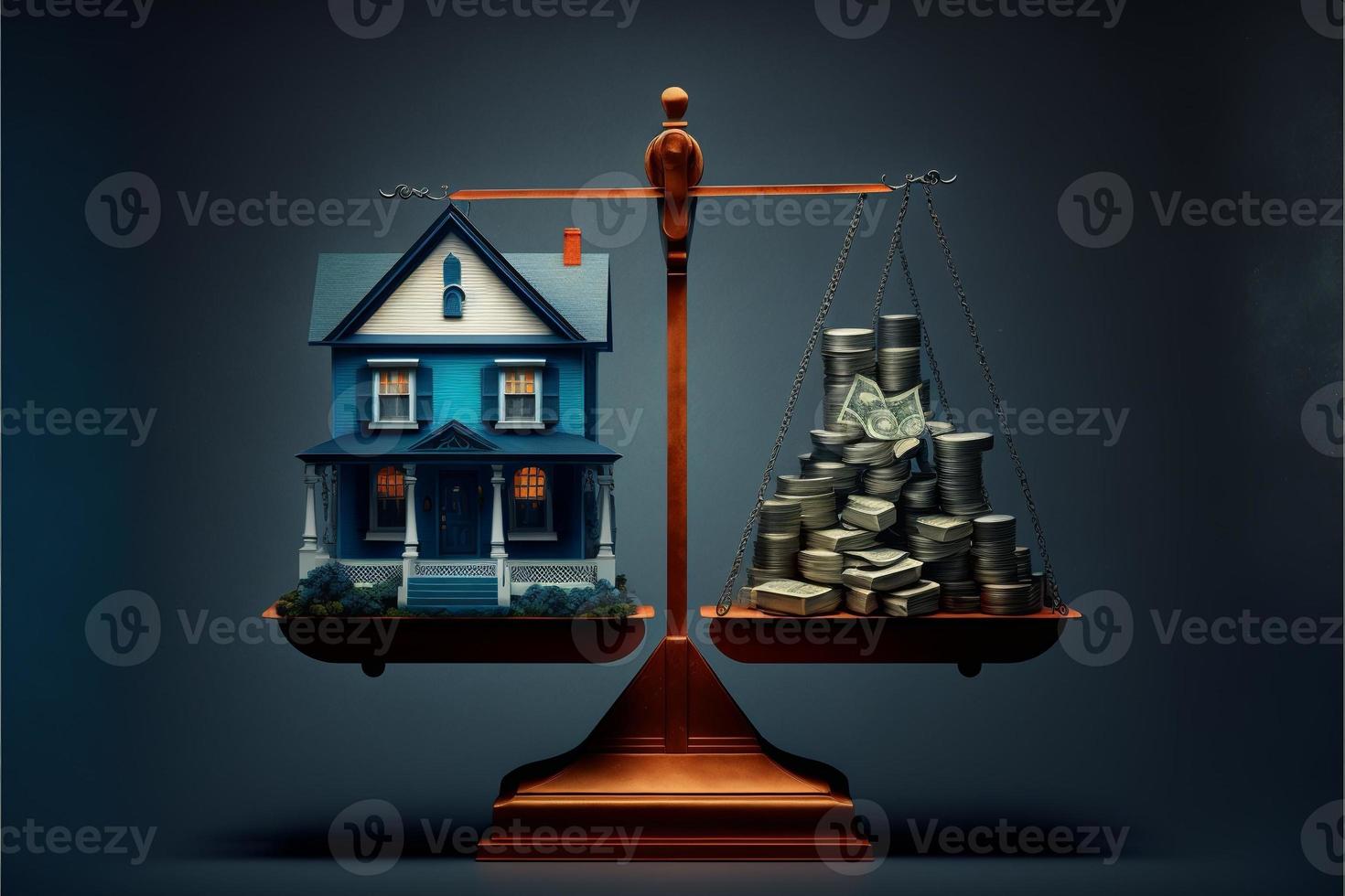 Scales with house on one side and money on the other, background. Digital illustration. AI photo