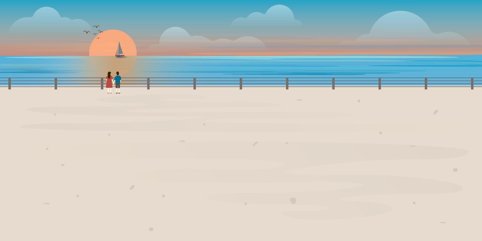 Couple of lover looking sunset at view point of ocean vector illustration. Landscape of coast beautiful sea shore with sunset flat design illustration.