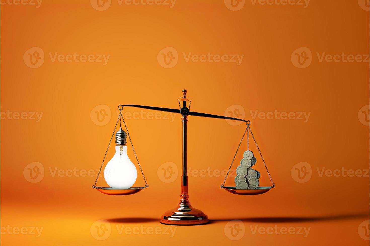Scales with light bulb on one side and money on the other, concept of ideas and innovation, orange background. Digital illustration. AI photo