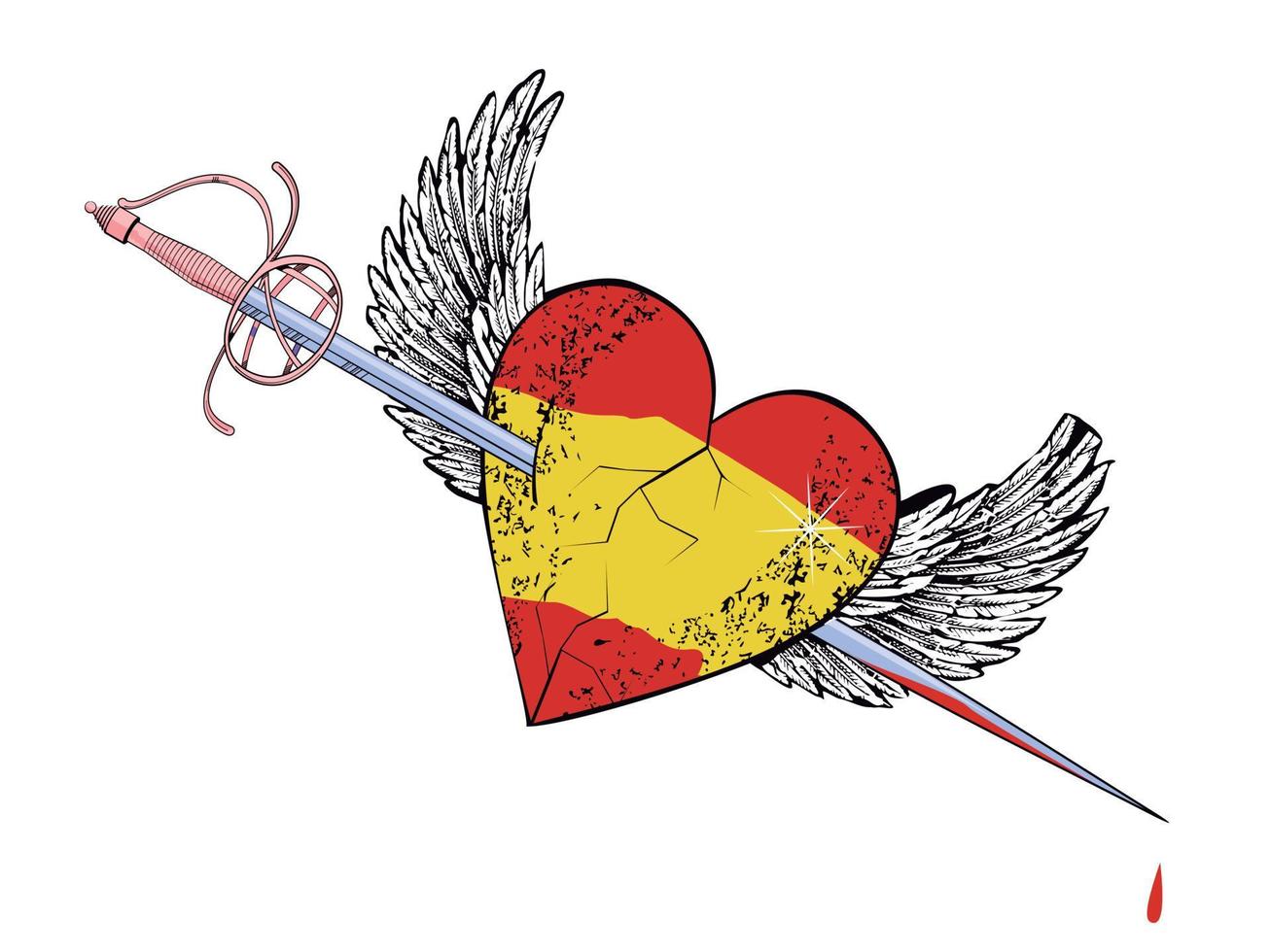 T-shirt design of a winged heart with the colors of the Spanish flag pierced by a medieval sword. Vector illustration for Spanish patriotism