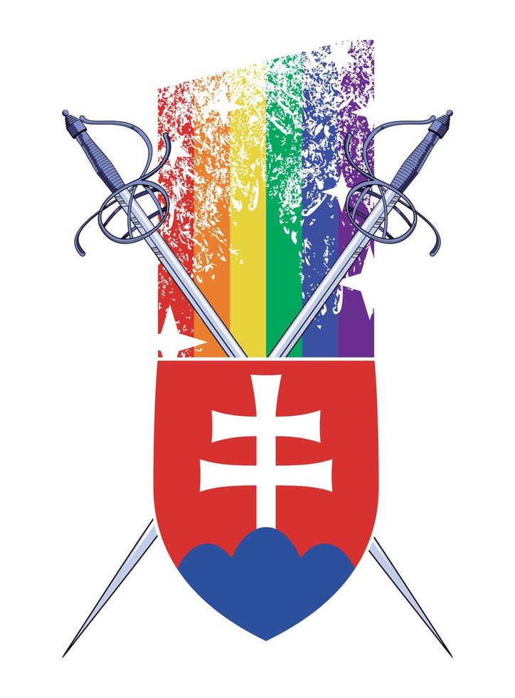 camiseta diseño de el Eslovaquia Saco de brazos con dos espadas y un arcoíris. proteger de Santo cirilo vector ilustración para gay orgullo día