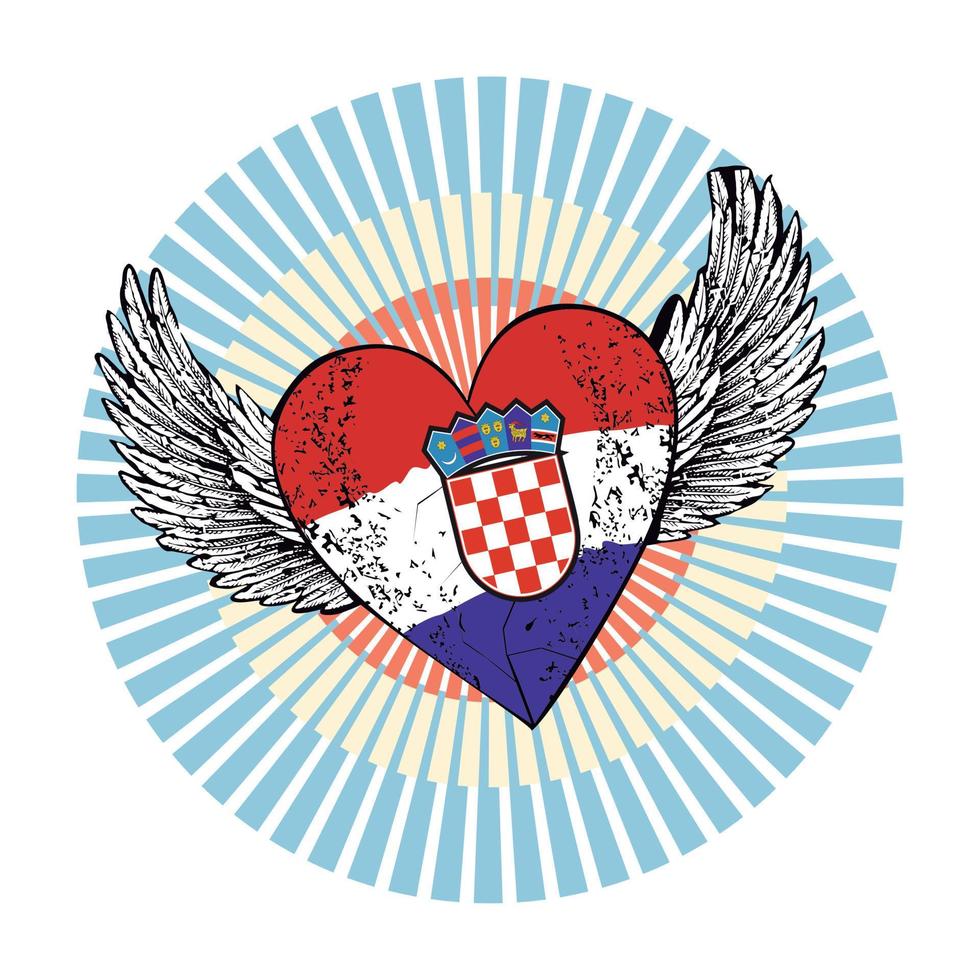 T-shirt design of a winged heart with the colors of the Croatian flag. vector