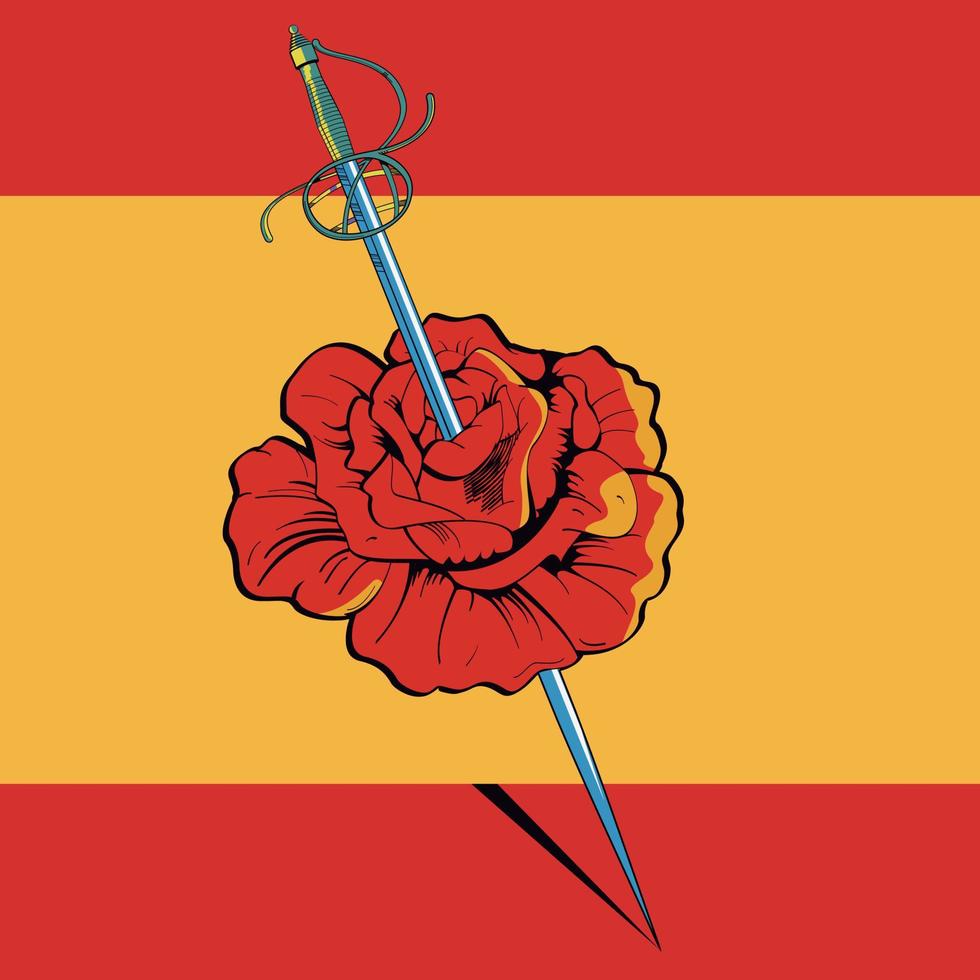 vector illustration of a rose crossed by a sword on the Spanish flag.