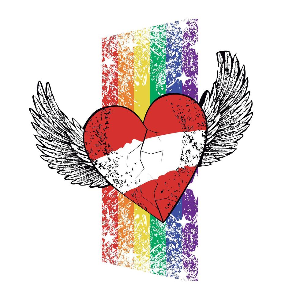 T-shirt design of a winged heart with the colors of the Austrian flag. red and white heart. Vector illustration for gay pride day