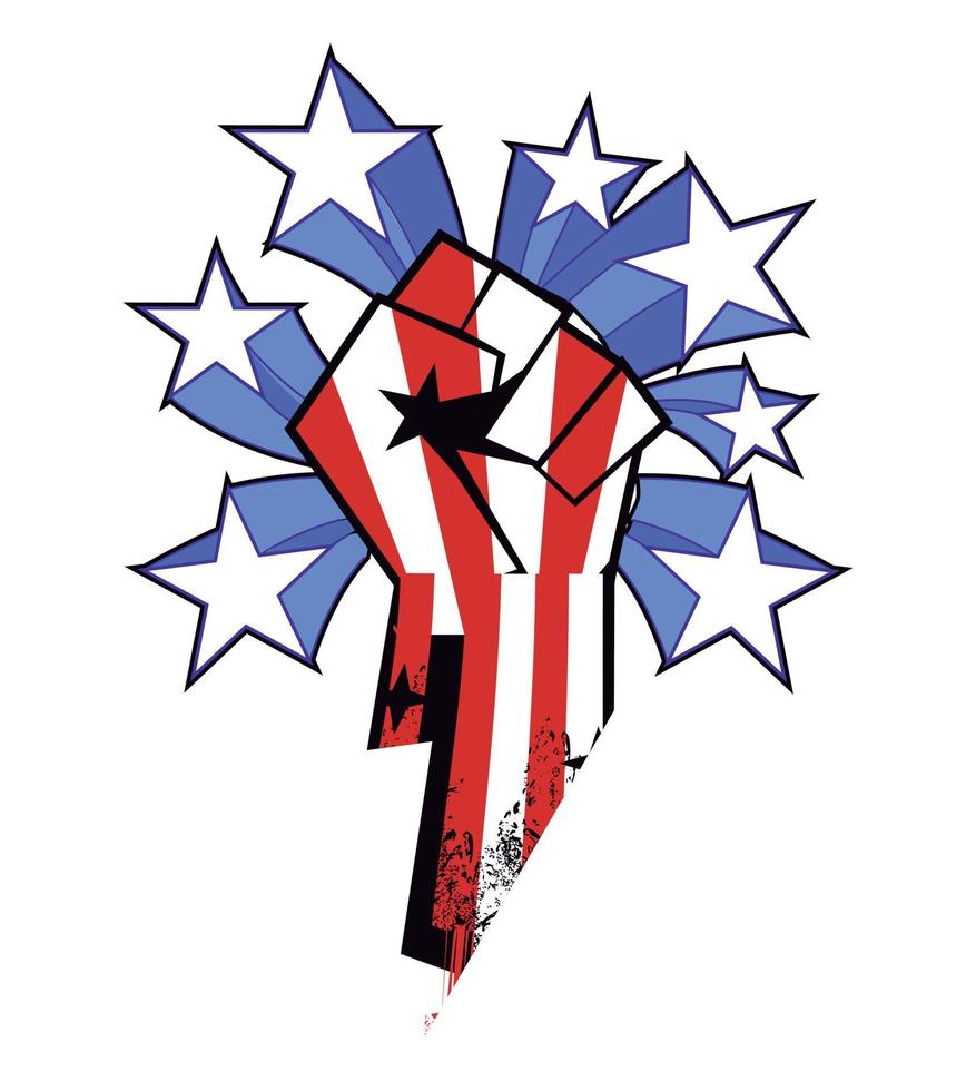Black power. T-shirt design of a clenched black fist with stars around it. Vector illustration for afro history month