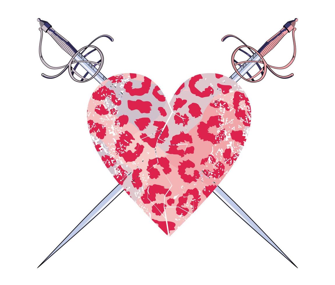 T-shirt design of a heart with animal print and two crossed medieval swords. vector