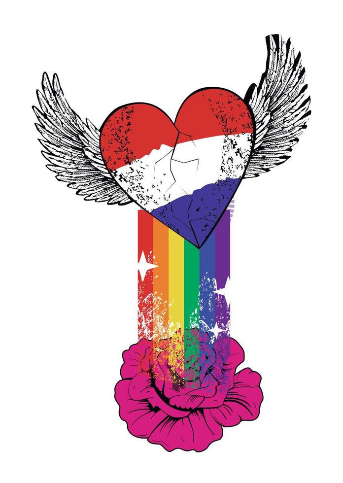 T-shirt design of a winged heart with the colors of the flag of the Netherlands and a rainbow. Vector illustration for gay pride day.