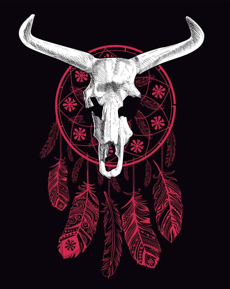 design for t-shirt of the skeleton of an animal with horns on a dream catcher isolated on black. Extinct animal called aurochs vector