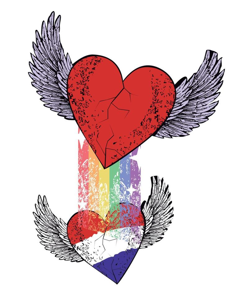 T-shirt design of a winged heart with the colors of the flag of the Netherlands and a rainbow. Vector illustration for gay pride day.