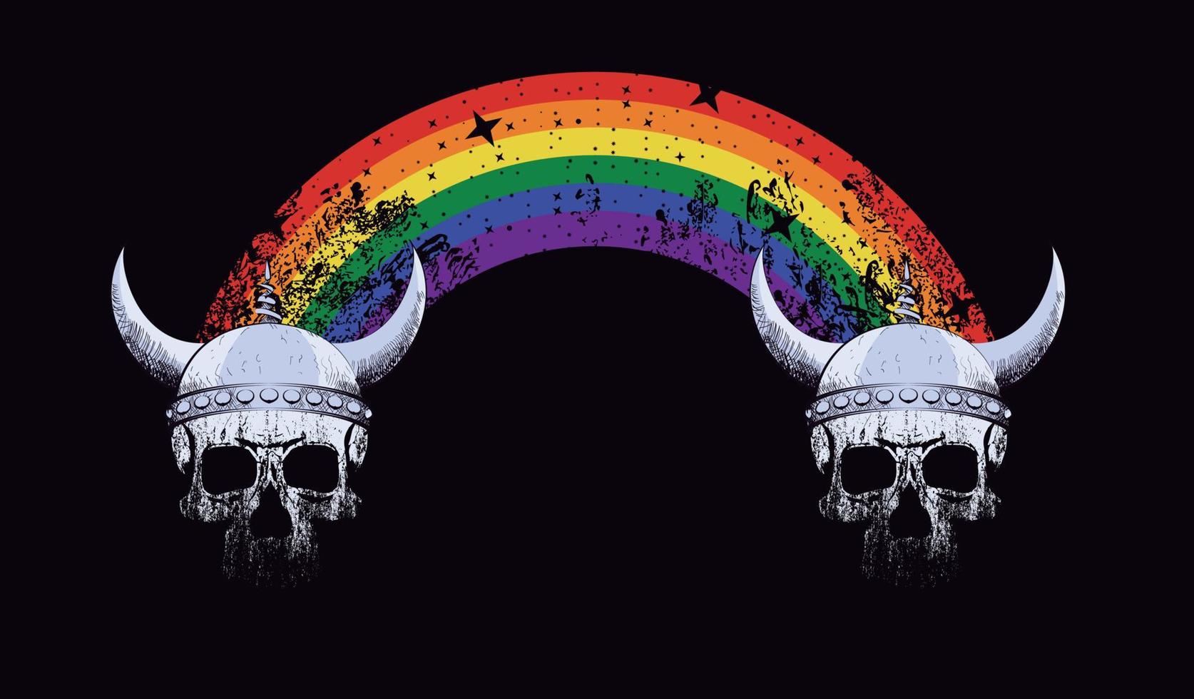 T-shirt design of two Viking skulls joined by a rainbow isolated on black vector