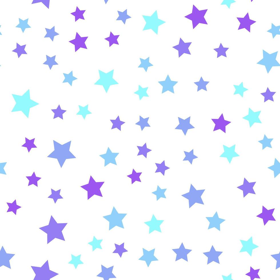 Seamless repeating pattern of blue, purple and turquoise stars on white background for fabric, textile, papers and other various surfaces vector