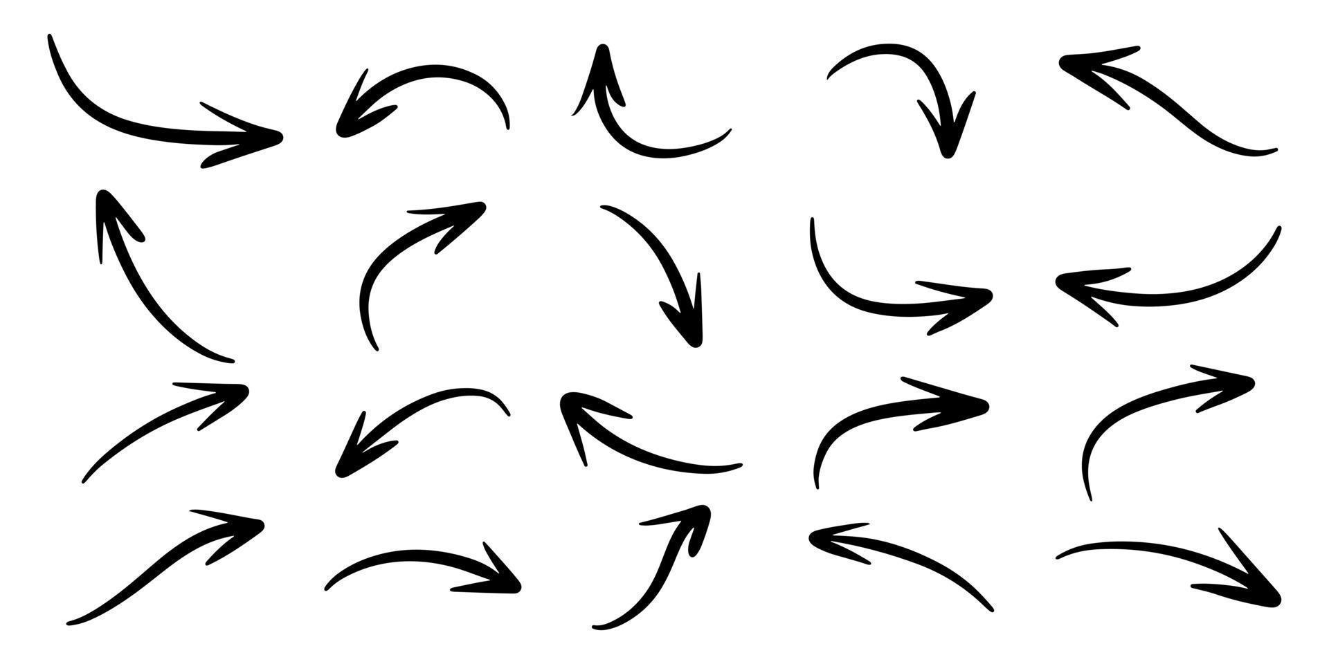 conjunto de flechas vectoriales dibujadas a mano sobre fondo blanco. ilustración de vector de elemento de diseño.